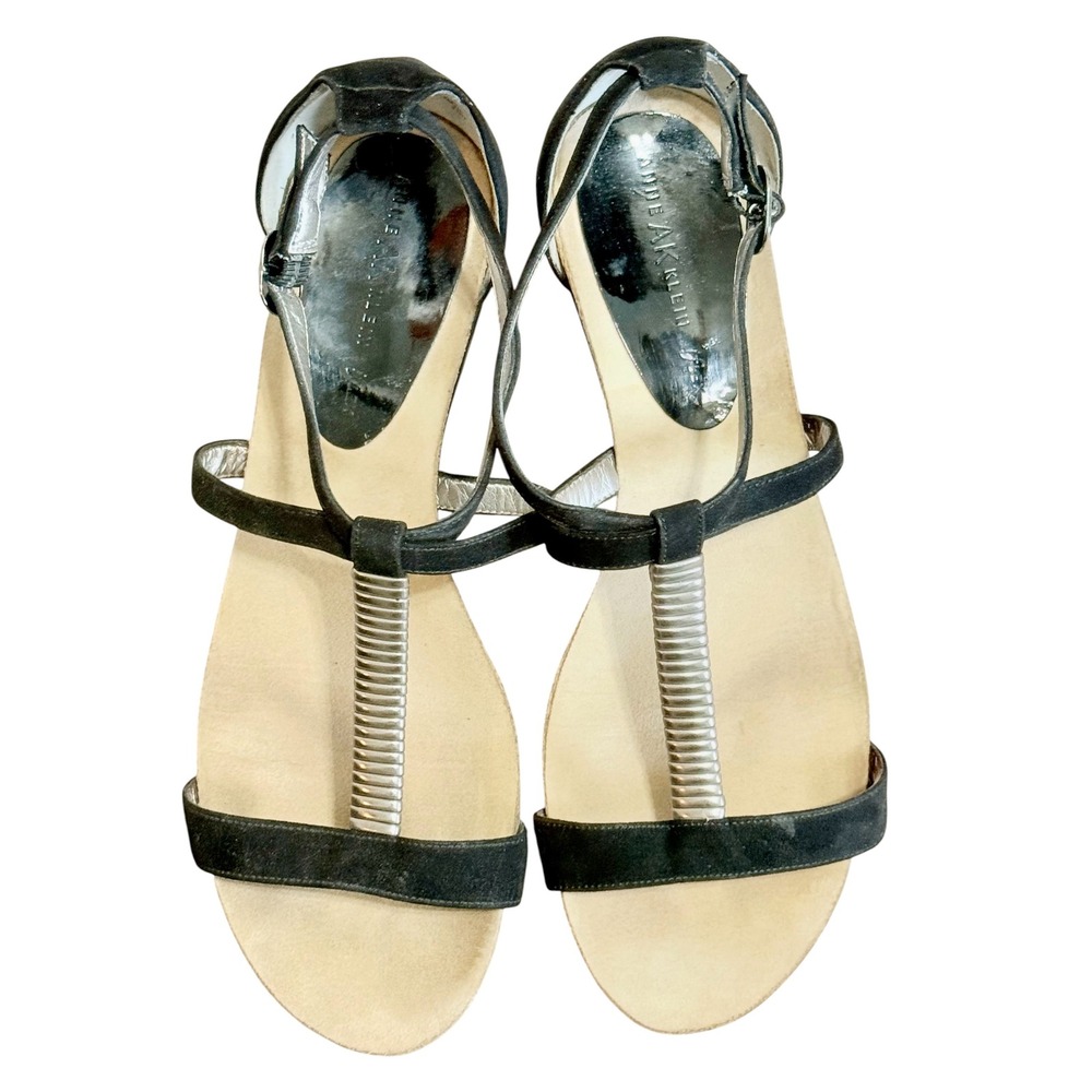 Anne Klein iFlex Jerica Black Silver Ribbed T-Strap Wedge Sandals 7.5M JERICA